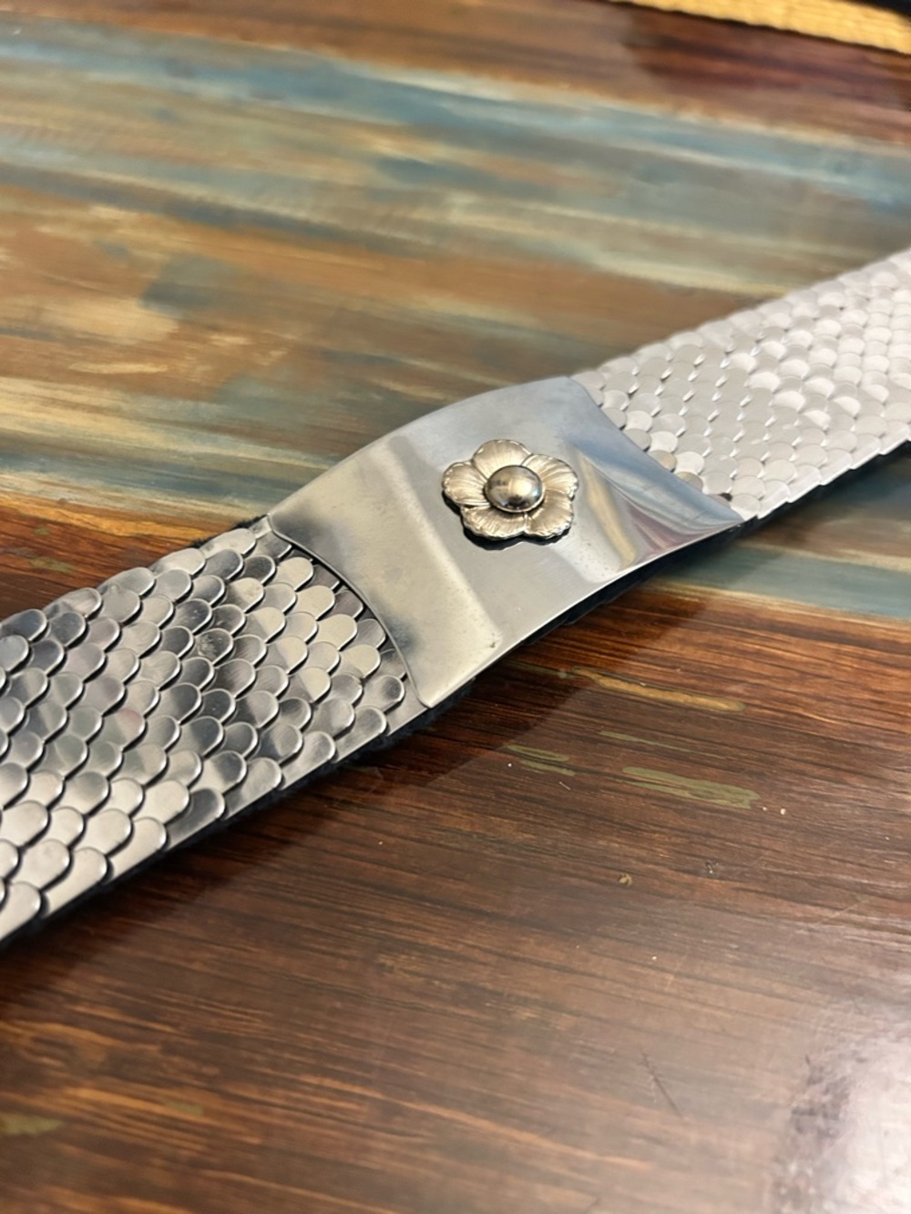 Silver Mesh Stretch Belt with Floral Accent